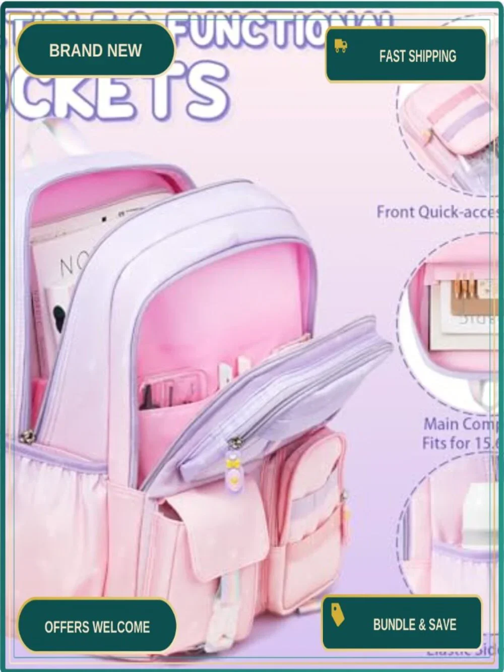 Girls Waterproof Backpack Set with Lunch Box & Pencil Case, 3 Pieces, Padded